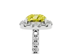 Fancy Yellow Cushion Cut Diamond Pavé Halo Ring Set in White gold with Prong Setting
