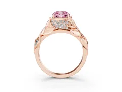 Fancy Pink Cushion Cut Diamond Leaf-Inspired Engagement Ring Set in Rose gold with Round Accents