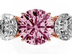 Fancy Pink Round Cut Diamond Three-Stone Ring Set in Rose gold with Textured Band