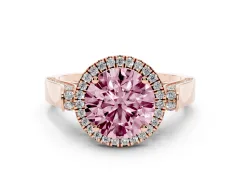 Fancy Pink Round Cut Diamond Halo Ring Set in Rose gold with Pavé-Lined Split Shank Band