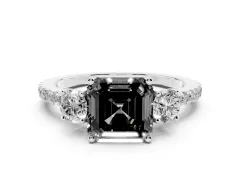 Fancy Black Asscher Cut Diamond Three-Stone Ring Set in Platinum with Pavé Band and Graduated Sides
