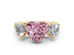 Fancy Pink Heart Cut Diamond Three-Stone Ring Set in Yellow gold with Braided Band