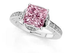 Fancy Pink Princess Cut Diamond Halo Ring Set in Platinum with Channel Set Band and Prong Setting