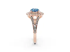 Fancy Blue Round Cut Diamond Double Halo Ring Set in Rose gold with Pavé Split Shank and Prong Setting