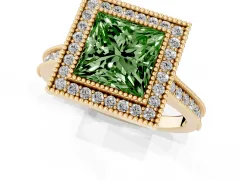 Fancy Green Princess Cut Diamond Halo Milgrain Pavé Band Ring Set in Yellow gold with Prong Setting