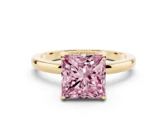 Fancy Pink Princess Cut Diamond Solitaire Ring Set in Yellow gold with Plain Band and Prong Setting