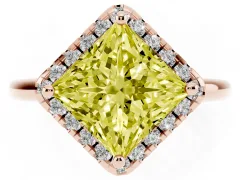 Fancy Yellow Princess Cut Diamond Halo Engagement Ring Set in Rose gold with Pavé Band and Rising Shoulders