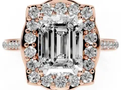 Emerald Cut Diamond Halo Ring Set in Rose gold with Pavé-Lined Shoulders and Prong Setting