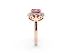 Fancy Pink Princess Cut Diamond Milgrain Halo Solitaire Ring Set in Rose gold with Bezel Set Side Stones and Pavé Band