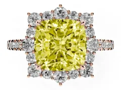 Fancy Yellow Cushion Cut Diamond Halo Ring Set in Rose gold with Pavé Band and Prong Setting