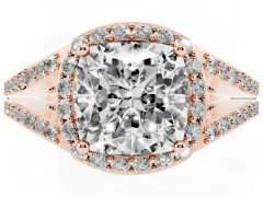 Cushion Cut Diamond Halo Split Shank Pavé Ring Set in Rose gold with Prong Setting