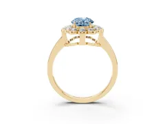 Fancy Blue Oval Cut Diamond Halo Cluster Engagement Ring Set in Yellow gold with Solitaire Band and Prong Setting