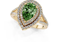 Fancy Green Pear Cut Diamond Double Halo Ring Set in Yellow gold with Pavé Band