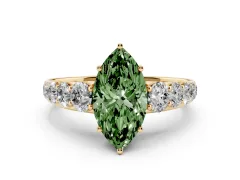 Fancy Green Marquise Cut Diamond Solitaire Ring Set in Yellow gold with Pavé-Set Band and Prong Setting