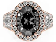 Fancy Black Oval Cut Diamond Halo Split Shank Ring Set in Rose gold with Round Accent Stones and Prong Setting