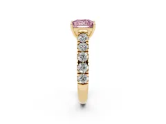 Fancy Pink Princess Cut Diamond Solitaire Ring Set in Yellow gold with Cut-Down Micro Pavé Band and Prong Setting