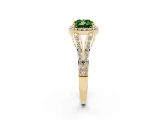 Fancy Green Cushion Cut Diamond Halo Split Shank Pavé Ring Set in Yellow gold with Prong Setting