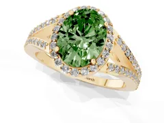 Fancy Green Oval Cut Diamond Halo Split Shank Pavé Ring Set in Yellow gold with Prong Setting