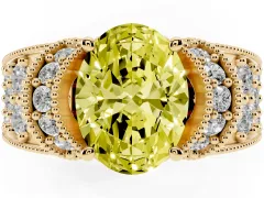 Fancy Yellow Oval Cut Diamond Milgrain Halo Pavé Engagement Ring Set in Yellow gold with Prong Setting