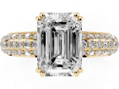 Emerald Cut Diamond Solitaire Ring Set in Yellow gold with Multi-Row Round Pavé Band and Prong Setting