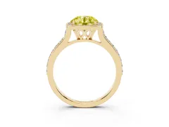 Fancy Yellow Round Cut Diamond Halo Engagement Ring Set in Yellow gold with Round Pavé Shoulders and Heart Gallery