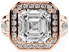 Asscher Cut Diamond Halo Ring Set in Rose gold with Pavé and Bezel Accent Split Shank