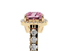 Fancy Pink Cushion Cut Diamond Halo Engagement Ring Set in Yellow gold with Pavé Band and Prong-Set Center