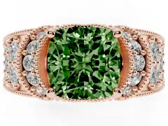 Fancy Green Cushion Cut Diamond Milgrain Halo Pavé Engagement Ring Set in Rose gold with Prong Setting