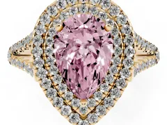 Fancy Pink Pear Cut Diamond Double Halo Ring Set in Yellow gold with Pavé Band