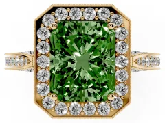 Fancy Green Radiant Cut Diamond Halo Engagement Ring Set in Yellow gold with Accent Split Shank Band