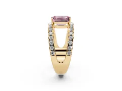 Fancy Pink Emerald Cut Diamond Split Shank Pavé Solitaire Ring Set in Yellow gold with Open Shank Design