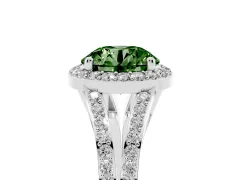 Fancy Green Round Cut Diamond Halo Split Shank Ring Set in White gold with Accent Stones and Prong Setting