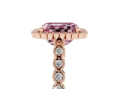 Fancy Pink Radiant Cut Diamond Halo Ring Set in Rose gold with Pavé Milgrain Band