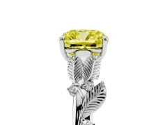 Fancy Yellow Cushion Cut Diamond Solitaire Ring Set in Platinum with Leaf Motif Band