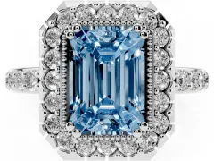 Fancy Blue Emerald Cut Diamond Halo Ring Set in White gold with Pavé Shank and Prong Setting