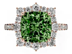 Fancy Green Cushion Cut Diamond Halo Ring Set in Rose gold with Pavé Band and Prong Setting