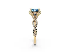 Fancy Blue Princess Cut Diamond Halo Twist Band Solitaire Ring Set in Yellow gold with Prong-Set Center Stone