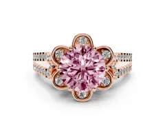 Fancy Pink Round Cut Diamond Floral Halo Split Shank Engagement Ring Set in Rose gold with Pavé Shank
