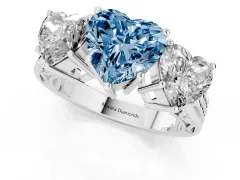 Fancy Blue Heart Cut Diamond Three-Stone Ring Set in White gold with Textured Band