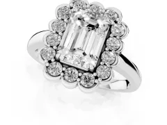 Emerald Cut Diamond Halo Cluster Engagement Ring Set in Platinum with Solitaire Band and Prong Setting