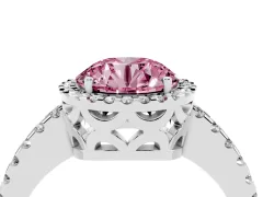 Fancy Pink Round Cut Diamond Halo Ring Set in Platinum with Pavé Shoulders and Halo-Framed Center