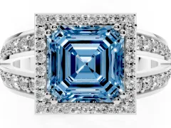 Fancy Blue Asscher Cut Diamond Halo Ring Set in White gold with Double Pavé Split Shank