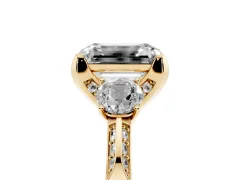 Fancy Black Emerald Cut Diamond Three-Stone Ring Set in Yellow gold with Pavé Band and Smaller Side Stones