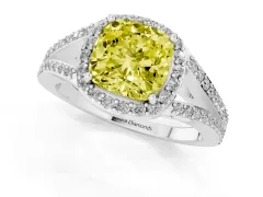 Fancy Yellow Cushion Cut Diamond Halo Split Shank Pavé Ring Set in White gold with Prong Setting
