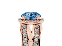 Fancy Blue Round Cut Diamond Halo Ring Set in Rose gold with Double Pavé Split Shank