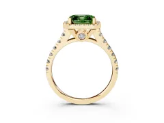 Fancy Green Asscher Cut Diamond Halo Engagement Ring Set in Yellow gold with Pavé Band and Prong-Set Center