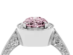 Fancy Pink Oval Cut Diamond Halo Engagement Ring Set in White gold with Accent Split Shank Band