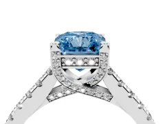 Fancy Blue Radiant Cut Diamond Solitaire Ring Set in White gold with Brilliant Pavé Band and Prong Setting