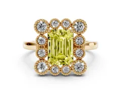 Fancy Yellow Emerald Cut Diamond Cluster Halo Ring Set in Yellow gold with Milgrain Bezel Accents and Plain Band
