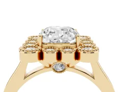 Cushion Cut Diamond Cluster Halo Ring Set in Yellow gold with Milgrain Bezel Accents and Plain Band